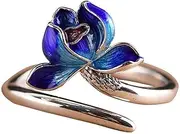 [204Dealnow] Lotus Flower Ring Blue Enamel Vintage 925 Sterling Silver Jewelry Birthday Gifts For Women Open Adjustable