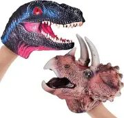 2x Dinosaur Hand Puppets Realistic Dino Heads Toy Set Velociraptor & Triceratops