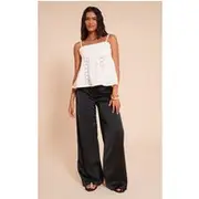 Black Satin Tailored Detail Wide Leg Pants, Black