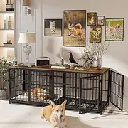 Heavy Duty Dog Crate Furniture: 72Inch Chew Resistant TV Stand Style Doggie Metal Crate with 3 Doors - Inside Dogs Wooden Training Cages with Wire Bottom Removable Tray