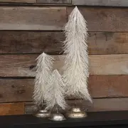 New Christmas SET 3 VINTAGE FLOCKED WHITE TREE ANTIQUED SILVER BASE