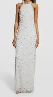 $365 Aidan by Aidan Mattox Women's Silver Hand-Beaded Halter Gown Dress Size 18