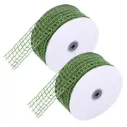 2 Pcs Mesh Burlap Wired Ribbon, 2.5 Inch x 30 Yard Natural Jute Ribbons Green