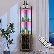 RGB Light bar Iron Wood Corner Shelf Stand Tall Book Shelf Decor Bar Cabinet with Doors for Liquor Display Corner Shelves Standing for Living Room，Corner Floor Lamp