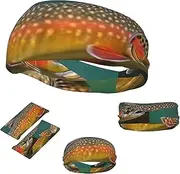 FJWSLCH Brook Trout Fly Fishing Headbands for Women Men Non Slip Workout Sweatbands Adjustable Sports Hair Bands Elastic Head Bands Moisture Wicking Hairband for Running, Cycling, Yoga, Spa