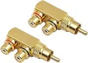 Duttek RCA Y Splitter Adapter, 90 Degree Right Angle RCA Male to 2 RCA Female AV Splitter Adapter Connector, Gold Plated Jack Audio Video Y Splitter(2 pack)