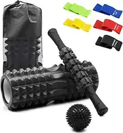 9 In 1 Foam Roller Set-1 High Density 33cm Yoga Roller,1 Muscle Roller Stick,1 Spiky Massage Ball,5 Resistant Bands,1 Carry Bag for Whole Body Therapy: Back, Leg, Deep Tissue&Exercise (33cm, Black)