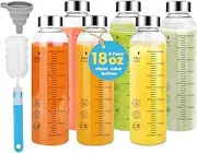 Clear Glass Bottles Set of 6, 18oz/530ml Reusable Glass Water Bottle with Stainless Steel Cap for Juicing, Refrigerator, 100% Leak Proof, glass juice bottle for Fruit Juice, Tea, Water