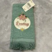 Cannon Christmas VTG Hand Towel Fingertip Sage Green Embroidered Greetings NWT