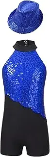 [TiaoBug] Kids Girls Hip Hop Jazz Latin Dance Costume Sequins Gymnastics Leotard Shorty Unitard Jumpsuit with Hat Set