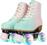 YYW Roller Skates for Girls and Women, Fantastic Gradient Pink and Green PU Leather Light Up Kids Youth Roller Skates, Indoor Outdoor Roller Skates Girls Ages 8-12