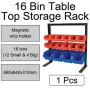 1x Metal 16 Bin Table Top Storage Rack with Magnetic Strip Holder 660x640x310mm