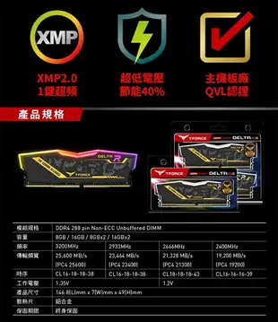 【最高折200+跨店點數22%回饋】TEAM 十銓 T-FORCE DELTA TUF Gaming Alliance RGB DDR4 3200 雙通道16G/32G/64G 桌上型記憶體/CL16