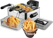 Electric Deep Fryer with Lid, 5 Litre Deep Fryer with 3 Basket, Knob Temperature Control, View Window, 2000W, Perfect for Kitchen, Fry Fish, Fried Chicken, Shrimp, Chips & More, Stainless Steel