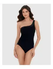 [Magicsuit] Moto Chic Lita One Shoulder Shaping Swimsuit with Faux Leather in Black