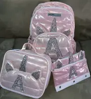 JUSTICE UNICORN INITIAL “A” BACKPACK/LUNCHBOX/PENCILCASE SHIMMERING ROSE GOLD!!