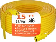 Indoor Outdoor Extension Cord 15 Ft Waterproof, 16/3 Gauge Flexible Cold-Resista