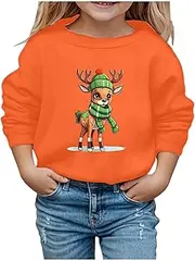 [Generisch] Christmas Jumper Girls Santa Elf Print Sweatshirt Crew Neck Pullover Sweater Long Sleeve Tops Durable Jumper Streetwear Tops for Christmas Costume, Orange-c, 3-4 Years