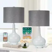 Set of 2 White Metal Table Lamps for Bedrooms with USB Ports 3-Way Dimmable Touc