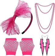 80s Fancy Dress Costume Accessories for Women, 1980s Fancy Party Costume Set with Lace Headband Earrings Necklace Fishnet Glove, Fancy Party Costume for Retro Party