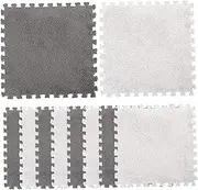 Foam Floor Tiles Plush Foam Floor Mat Square Interlocking Carpet Grey White Tiles Fluffy Baby Play Mat Climbing for Nursery Room Decor 10 Pcs 11.8x11.8 Inch-
