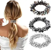 3 Pcs Rhinestone Hair Ties Grey Pearl Ponytail Holders Pearl Hair Ties Beaded Fancy Elastic Hair Scrunchies Kit Ponytail Cut Ball head Decorative Sparkle Hair Ties Pearl Hair Ropes for Women Girls