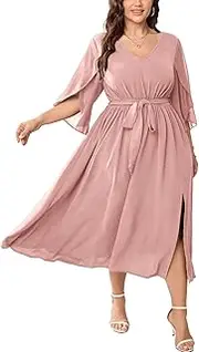 [CICIDUDU] Womens Plus Size Dress Wedding Guest Cocktail Chiffon 3/4 Sleeve V Neck Slit A Line Maxi Dress Formal with Belt