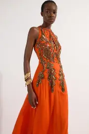 Halter Neck Bugle Bead Detail Woven Maxi Dress