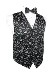 Men's Musical Notes Black and White Fullback Vest and Bow Tie