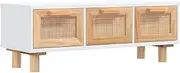 [vidaXL] Scandinavian Style Coffee Table, Rectangular, Engineered Wood&Solid Pine, White, 80x40x30 cm, 16.75 Pounds, with 3 Drawers and Nature Rattan Design