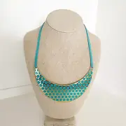 Carolee Gold Teal Turquoise Bib Enamel Suede Statement Necklace NWT Jewelry