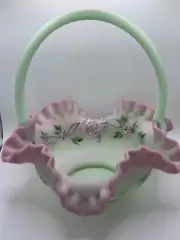 Fenton Glass Basket Lotus Mist Burmese 2004 Painted Berries George Fenton