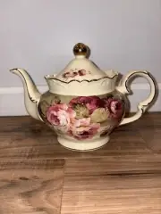 Vintage Victorian Trading Co. Pink Roses Teapot Bone China New in Box Pink White