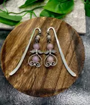 2 PC 3.5" Handmade Silver-tone Metal Hook Bookmark Set Beaded Charm Angel 36