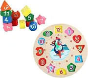 FUNNETOYU 1 Set Clock for Wooden Digital Clock and Shape Matching Blocks Bright Colors for Cognitive Development and Telling Skills Educational for Preschoolers