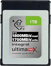 Integral 1TB CFexpress Memory Card Type B 2.0 12K and 8K RAW and 8K 120 FPS 1800MB/s Read 1700MB/s Write Speed 1300MB/s Sustained Write Speed Designed for Advanced Cinematic and DSLR Cameras