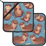 2 Pack Pot Holders for Kitchen Heat Resistant Potholders Animal Cute Brown Otters Pot Holders Set Washable Hot Pads with Loop Non Slip Potholders for Cooking Baking BBQ Microwave 8 x 8 Inch