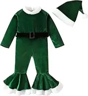 [Generic] Toddler Summer Clothes Toddler Girls Christmas Long Sleeve Fleece Romper Flare Jumpsuit Hat Set Girls Dresses 12 Months Green