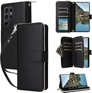 [GoshukunTech] for Galaxy S22 Ultra Case Wallet Leather, for Samsung Galaxy S22 Ultra 5G Flip Case Wallet Cover Kickstand Zipper Purse 9 Card Holder with Wristlet Strap Crossbody Lanyard-Black