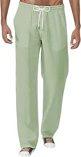 [Generic] Men's Casual Linen Pants Lightweight Summer Beach Yoga Pants Elastic Waist Straight Leg Lounge Trousers with Pockets