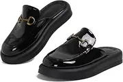[Dumalum] Mules for Women Flats Closed Round Toe Slip on Sandals Comfortable Loafers Slides Shoes with Metal Chain Decor