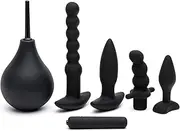 Lovehoney Bumper Booty Anal Toys Kit - 2 Butt Plugs, Anal Beads, Prostate Massager & Douche - Removable Bullet Vibrator Included - Silicone 6 Piece Adult Sex Toy Kit for Couples - Black