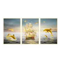 在飛比找momo購物網優惠-【北熊の天空】一帆風順 海豚 帆船 三聯式 油畫風 自黏裝飾