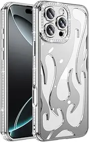 CrazyLemon for iPhone 11 Pro Max Case Silicone Glitter Sparkle Rhinestone Cool Unique Hollow Flame Design for Women Men Ultra Slim Soft TPU Camera Lens Protection Cover Shockproof Phone Case, Silver