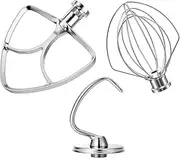 Stainless Steel Stand Mixer Attachments 3-Piece (4.5-5QT Flat Beater, 4.5-5QT Dough Hook, K45WW 6-Wire Whip Attachment) for KitchenAid Tilt-Head Stand Mixer and 4.5-5 Quart Bowl, Dishwasher Safe