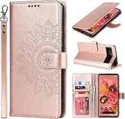 [Cavor] Wallet Case for Google Pixel 6 6.4'' PU Leather Case Magnetic 3D Embossed Flower Women Flip Kickstand with Card Holder Wristlet Hand Strap Protective Cover-Flower Rose Gold
