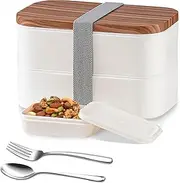 Bento Box Adult Lunch Box 1600ml with Stainless Steel Spoon and Fork Japanese 2 Stackable Leak-Proof Meal Prep Container with Dip Container Bento Lunch Box for Men Women Girls Teen Boys