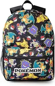 [Pokémon] Pikachu Charizard Gengar Meowth Backpack in Black | Children's Character All-Over Print Bag | Adjustable Shoulder Straps, Front Pocket and Mesh Stand, Black, One size
