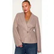 Plus Mushroom Cinched In Wool Look Blazer, Mushroom