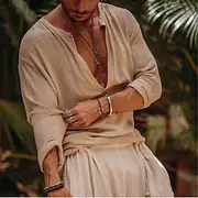Men's Shirt Linen Shirt Viking Style Summer Shirt Beach Wear Solid Color Outdoor Street Green Beige Long Sleeve V Neck Summer Spring Clothing Apparel